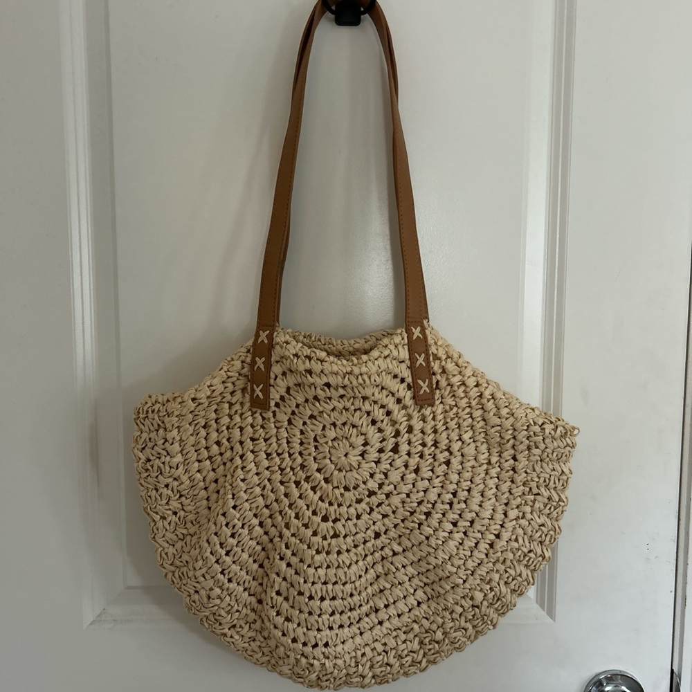 Handcrafted Cream Tote Bag with Tan Straps